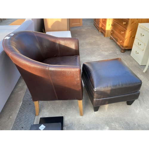 2879 - A BROWN FAUX LEATHER TUB CHAIR AND SIMILAR STOOL