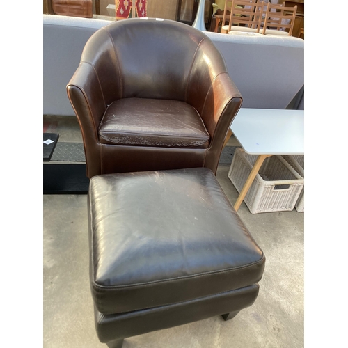 2879 - A BROWN FAUX LEATHER TUB CHAIR AND SIMILAR STOOL