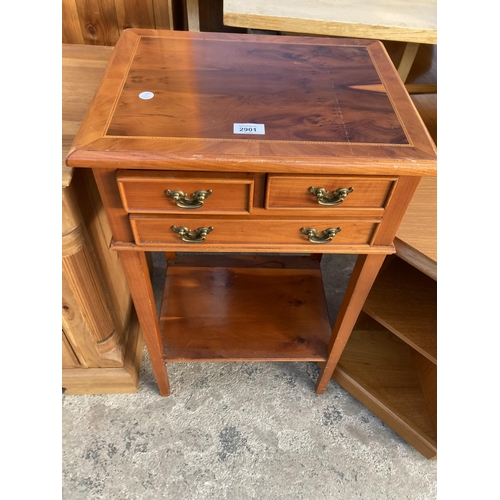 2901 - A YEW WOOD SMALL SIDE TABLE WITH TWO SHORT AND ONE LONG DRAWER, 17.5