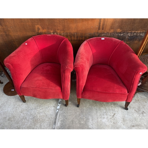 2525 - A PAIR OF BRIGHT RED EDWARDIAN UPHOLSTERED TUB CHAIRS