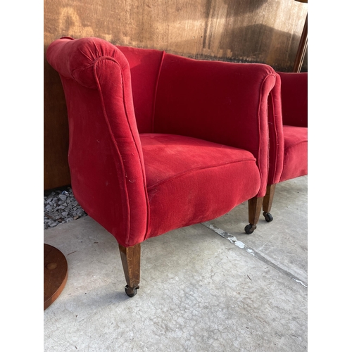 2525 - A PAIR OF BRIGHT RED EDWARDIAN UPHOLSTERED TUB CHAIRS