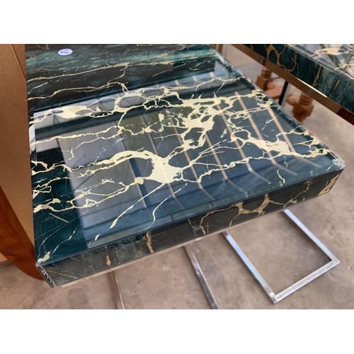 2531 - A PAIR OF GREEN FAUX MARBLE SIDE TABLES ON POLISHED CHROME FRAMES