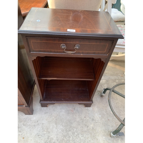 2539 - A MAHOGANY AND INLAID OPEN BOOKCASE WITH SINGLE DRAWER, 20