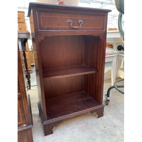 2539 - A MAHOGANY AND INLAID OPEN BOOKCASE WITH SINGLE DRAWER, 20