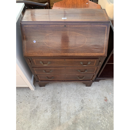 2540 - AN EDWARDIAN MAHOGANY AND INLAID BUREAU WITH THREE DRAWERS TO BASEM 29.5