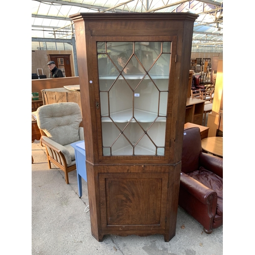 2569 - A 19TH CENTURY MAHOGANY FULL LENGTH CORNER CUPBOARD WITH ASTRAGAL GLAZED UPPER PORTION, 36.5