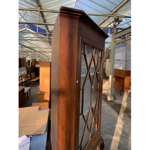 2569 - A 19TH CENTURY MAHOGANY FULL LENGTH CORNER CUPBOARD WITH ASTRAGAL GLAZED UPPER PORTION, 36.5