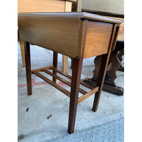 2593 - A RETRO TEAK DROP LEAF TABLE WITH MAGAZINE SHELF, 22