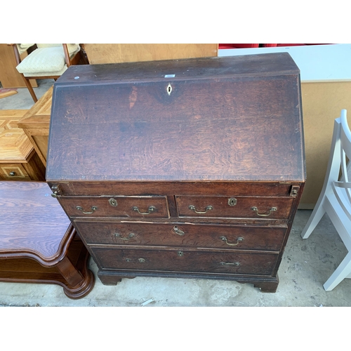 2608 - AN 18TH CENTURY OAK AND CROSSBANDED BUREAU WITH FITTED INTERIOR, 2 SHAM AND TWO LONG DRAWERS TO BASE... 