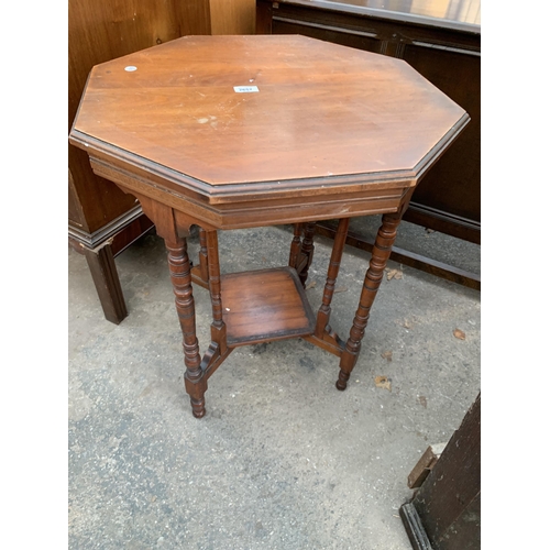 2657 - A LATE VICTORIAN OCTAGONAL TWO TIER CENTRE TABLE ON TURNED LEGS AND UPRIGHTS, 25