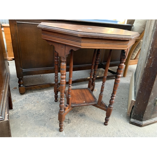 2657 - A LATE VICTORIAN OCTAGONAL TWO TIER CENTRE TABLE ON TURNED LEGS AND UPRIGHTS, 25