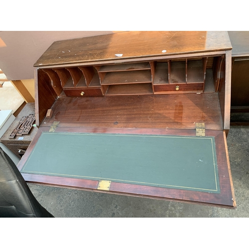 2658 - AN EDWARDIAN MAHOGANY BUREAU WITH FITTED INTERIOR ON OPEN BASE WITH TWO SHORT AND ONE LONG DRAWER, 3... 