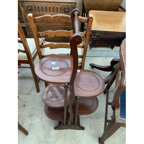 2674 - AN EDWARDIAN MAHOGANY AND INLAID FOLDING FIVE TIER AFTERNOON TEA STAND