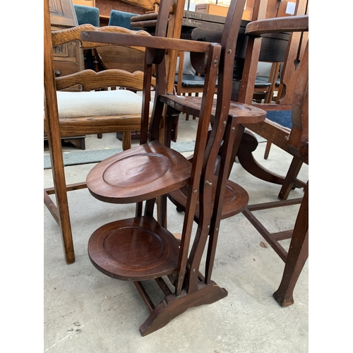 2674 - AN EDWARDIAN MAHOGANY AND INLAID FOLDING FIVE TIER AFTERNOON TEA STAND