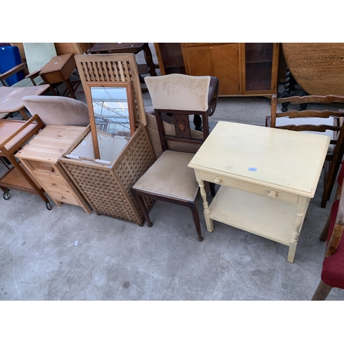 2678 - A PAINTED SIDE TABLE, LATTICE LAUNDRY BOX, EDWARDIAN DINING CHAIR, PINE MIRROR AND BEDSIDE CHEST