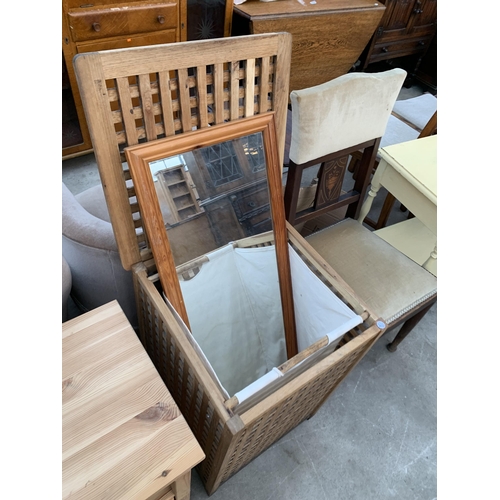 2678 - A PAINTED SIDE TABLE, LATTICE LAUNDRY BOX, EDWARDIAN DINING CHAIR, PINE MIRROR AND BEDSIDE CHEST