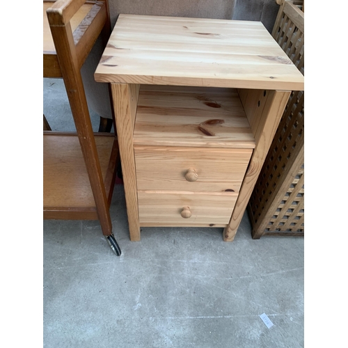 2678 - A PAINTED SIDE TABLE, LATTICE LAUNDRY BOX, EDWARDIAN DINING CHAIR, PINE MIRROR AND BEDSIDE CHEST