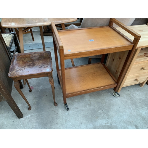 2679 - A RETRO TEAK TWO TIER TROLLEY AND SMALL WALNUT TABLE