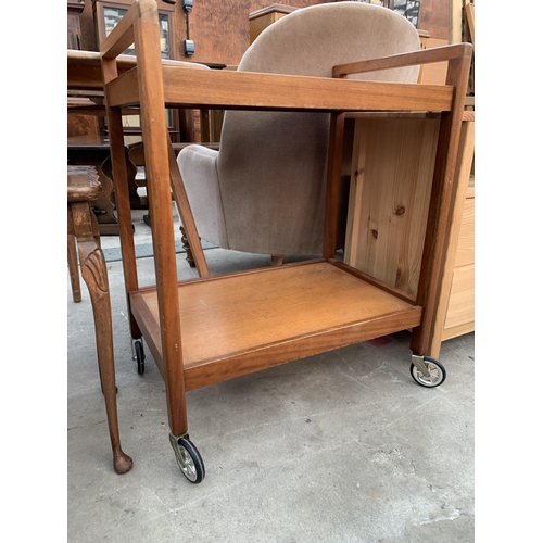 2679 - A RETRO TEAK TWO TIER TROLLEY AND SMALL WALNUT TABLE