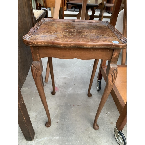 2679 - A RETRO TEAK TWO TIER TROLLEY AND SMALL WALNUT TABLE