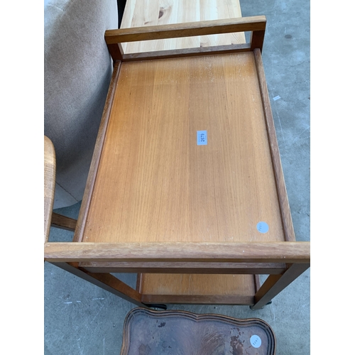 2679 - A RETRO TEAK TWO TIER TROLLEY AND SMALL WALNUT TABLE