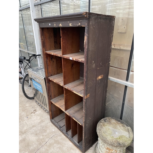 1515 - A VINTAGE PITCH PINE TEN SECTION PIGEON HOLE UNIT WITH FURTHER SPACES TO ADD EXTRA DIVISIONS (H:170C... 