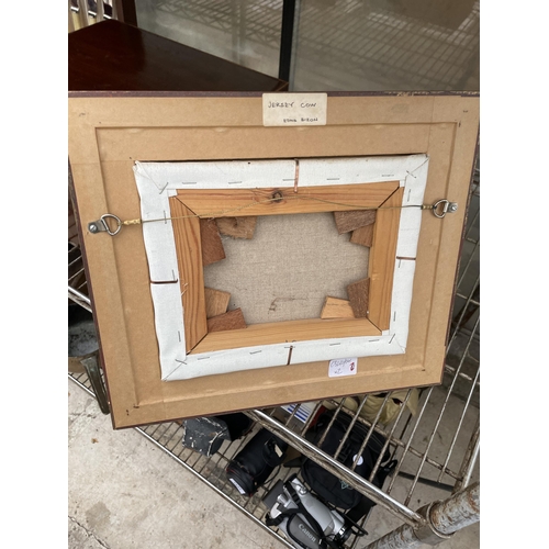 1540 - A SMALL FRAMED EDNA BIZON JERSEY COW CANVAS