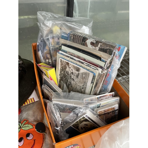 1601 - AN ASSORTMENT OF MATCH BOXES, PIN BADGES AND POSTCARDS ETC