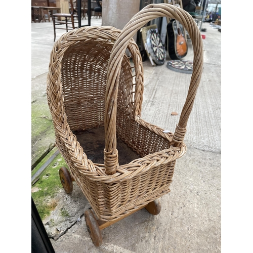 1614 - A SMALL VINTAGE WICKER DOLLS PRAM