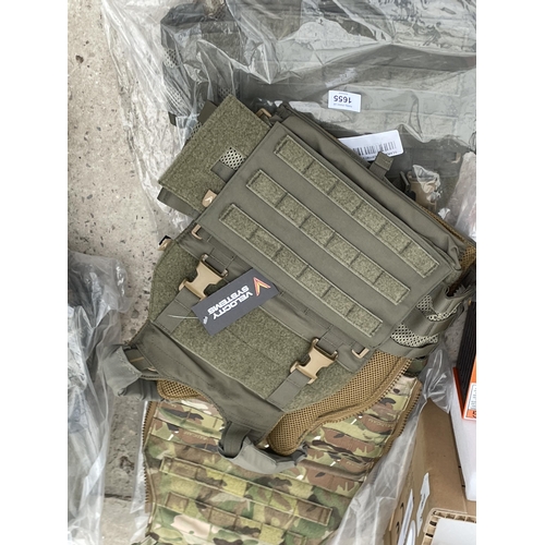 1655 - THREE NEW AND PACKAGED SCARAB LT CARRIER FRONT FLAP VESTS, TWO IN RANGER GREEN AND ONE CAMMO