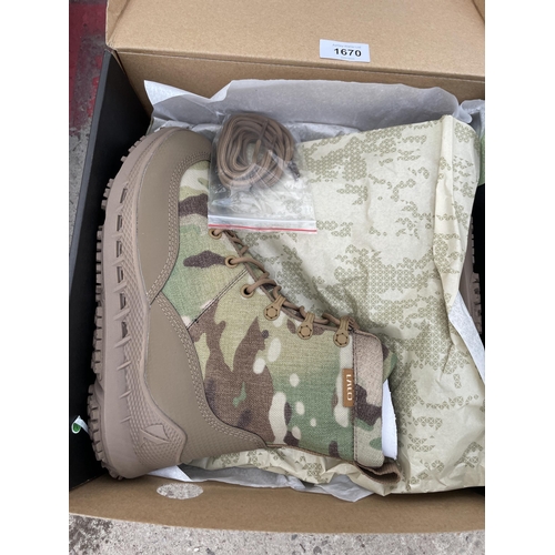 1670 - TWO NEW AND BOXED PAIRS OF LALO RAPID ASSAULT BOOTS IN A UK 6.5 (ONE BLACK PAIR AND ONE CAMMO)