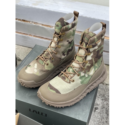 1676 - TWO NEW AND BOXED PAIRS OF LALO RAPID ASSAULT BOOTS IN A UK 7.5 (ONE BLACK PAIR AND ONE CAMMO)