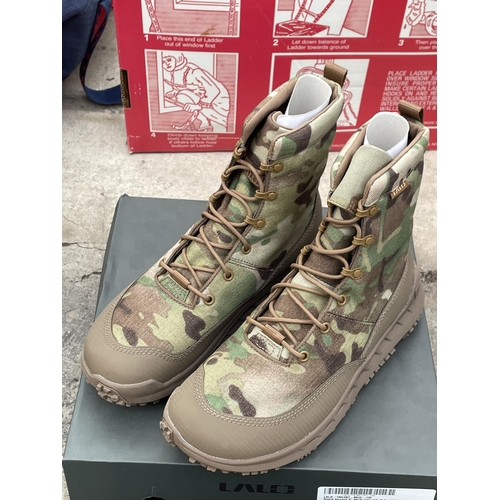 1690 - TWO NEW AND BOXED PAIRS OF LALO RAPID ASSAULT BOOTS IN A UK 9.5 (ONE BLACK PAIR AND ONE CAMMO)