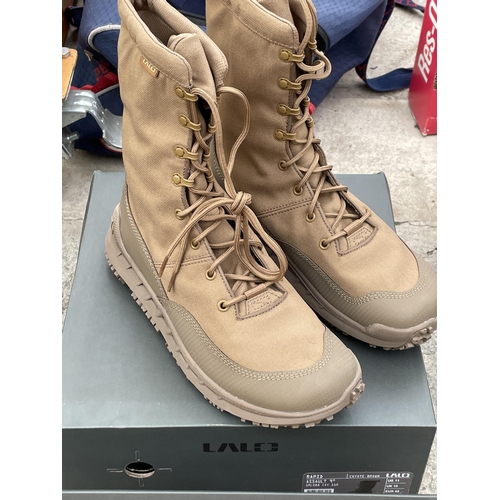 1691 - TWO NEW AND BOXED PAIRS OF LALO RAPID ASSAULT BOOTS IN A UK 10 (ONE BLACK PAIR AND ONE CAMMO)