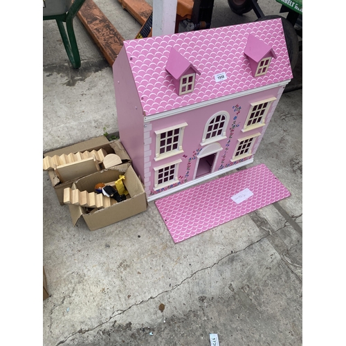 1958 - A WOODEN DOLLS HOUSE WITH AN ASSORTMENT OF FURNITURE