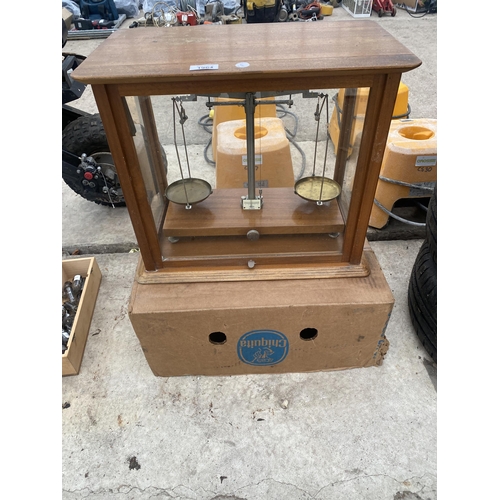 1964 - A SET OF VINTAGE WOODEN CASED BALANCE SCALES