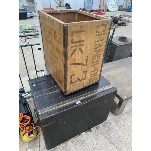 1968 - A LARGE VINTAGE WOODEN CHEST AND A TEA CHEST