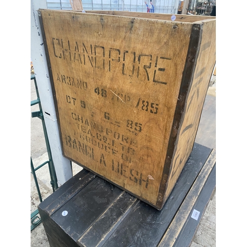 1968 - A LARGE VINTAGE WOODEN CHEST AND A TEA CHEST