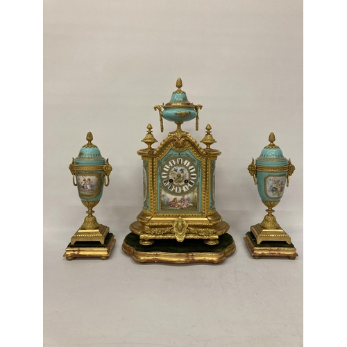 14A - A FRENCH J. MAYER ORMOLU PORCELAIN AND GILT METAL MANTEL CLOCK WITH URN STYLE GARNITURE IN THE LOUIS... 