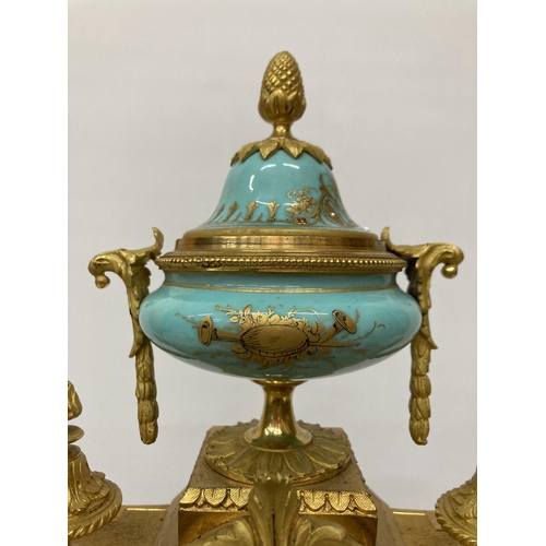 14A - A FRENCH J. MAYER ORMOLU PORCELAIN AND GILT METAL MANTEL CLOCK WITH URN STYLE GARNITURE IN THE LOUIS... 