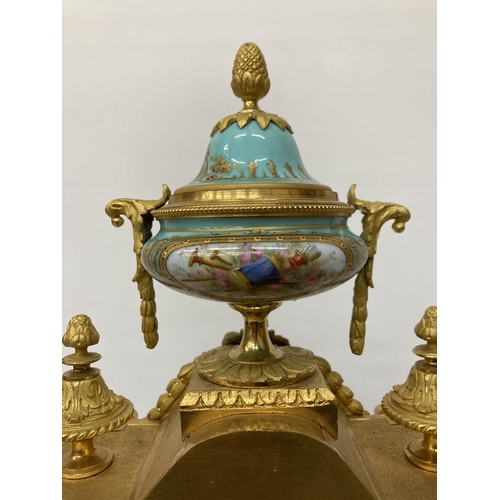 14A - A FRENCH J. MAYER ORMOLU PORCELAIN AND GILT METAL MANTEL CLOCK WITH URN STYLE GARNITURE IN THE LOUIS... 