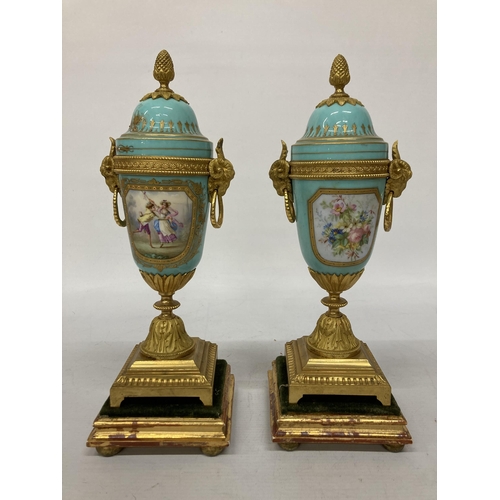 14A - A FRENCH J. MAYER ORMOLU PORCELAIN AND GILT METAL MANTEL CLOCK WITH URN STYLE GARNITURE IN THE LOUIS... 