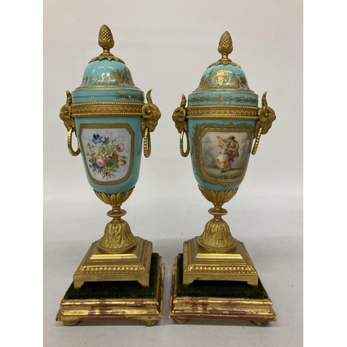 14A - A FRENCH J. MAYER ORMOLU PORCELAIN AND GILT METAL MANTEL CLOCK WITH URN STYLE GARNITURE IN THE LOUIS... 