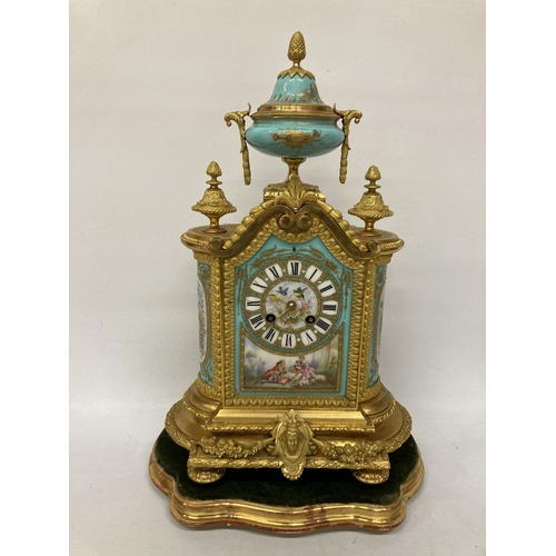 14A - A FRENCH J. MAYER ORMOLU PORCELAIN AND GILT METAL MANTEL CLOCK WITH URN STYLE GARNITURE IN THE LOUIS... 