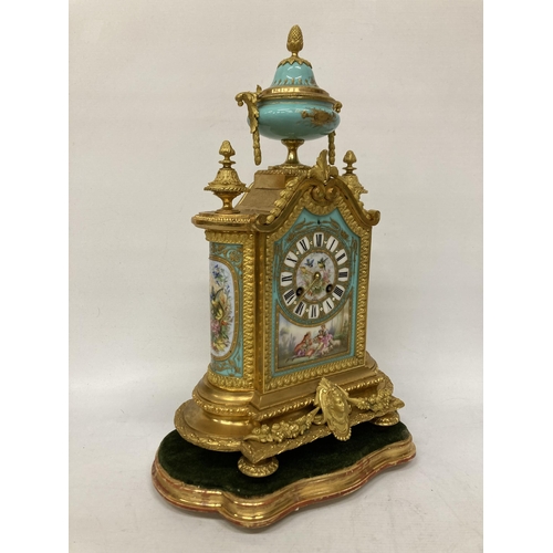 14A - A FRENCH J. MAYER ORMOLU PORCELAIN AND GILT METAL MANTEL CLOCK WITH URN STYLE GARNITURE IN THE LOUIS... 