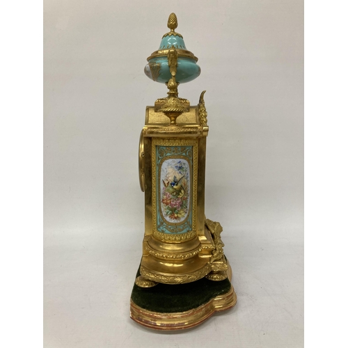 14A - A FRENCH J. MAYER ORMOLU PORCELAIN AND GILT METAL MANTEL CLOCK WITH URN STYLE GARNITURE IN THE LOUIS... 