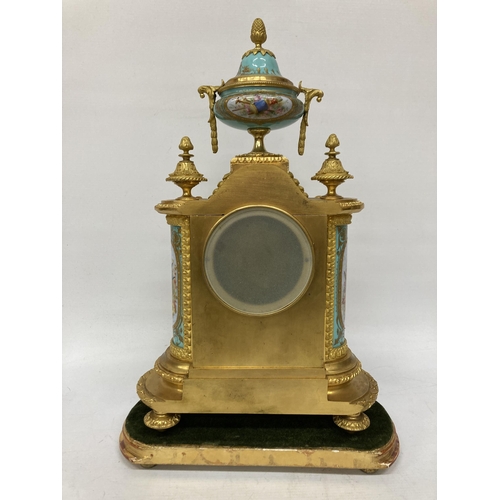 14A - A FRENCH J. MAYER ORMOLU PORCELAIN AND GILT METAL MANTEL CLOCK WITH URN STYLE GARNITURE IN THE LOUIS... 