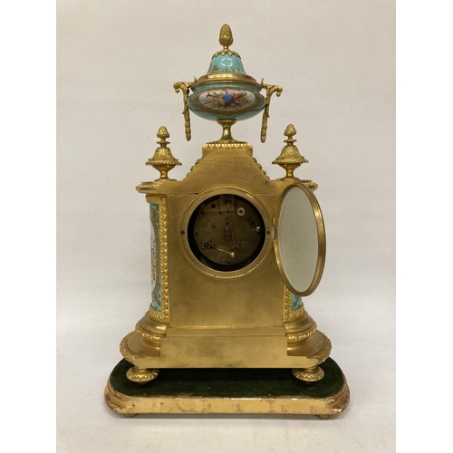 14A - A FRENCH J. MAYER ORMOLU PORCELAIN AND GILT METAL MANTEL CLOCK WITH URN STYLE GARNITURE IN THE LOUIS... 