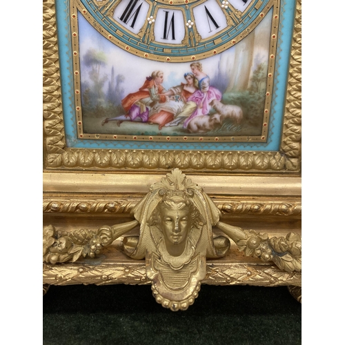 14A - A FRENCH J. MAYER ORMOLU PORCELAIN AND GILT METAL MANTEL CLOCK WITH URN STYLE GARNITURE IN THE LOUIS... 