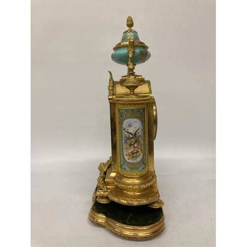 14A - A FRENCH J. MAYER ORMOLU PORCELAIN AND GILT METAL MANTEL CLOCK WITH URN STYLE GARNITURE IN THE LOUIS... 